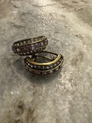 Heidi Daus half hoop pierced ear rings Clear & Purple crystals 1" L x 3/4" - Image 1 of 3