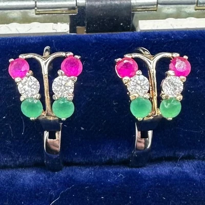 Vintage solid 9kt gold red lab ruby clear green cubic zirconia hoop earrings - Image 1 of 4