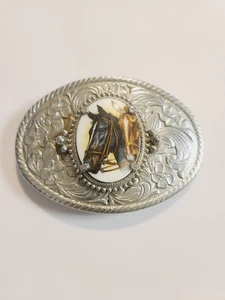 Hebilla de cinturón occidental ovalada tono plata vintage con acento central de cabezas de caballo - Imagen 1 de 8
