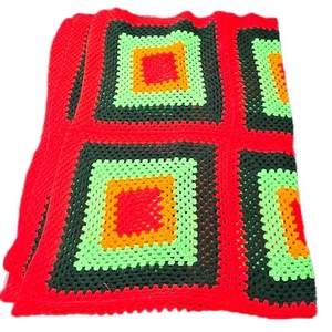 Weihnachten Afghan Decke gehäkelt 88x70 rot grün MCM Retro Granny Squares Herbst  - Bild 1 von 4