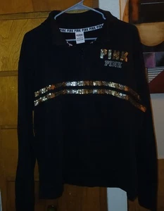 PINK Victoria's Secret Size Large Quarter Zip Sequin Bling Pullover Sweatshirt  - Picture 1 of 4