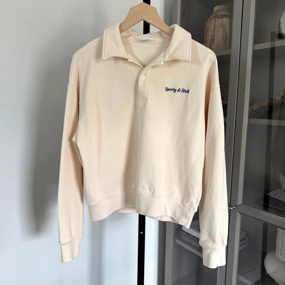 Sporty & Rich Cream Embroidered Navy Logo Polo M Long Sleeve Collared Sweatshirt - Image 1 of 4