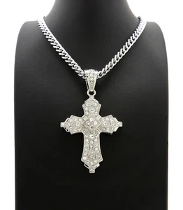 Hip Hop Iced Large Antique Cross Pendant & 6mm 30" Cuban Chain Fashion Necklace - Picture 1 of 6