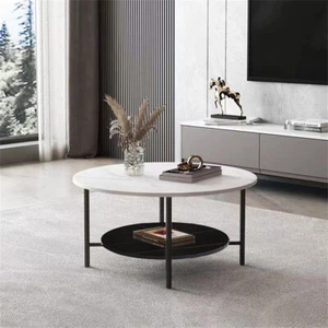 2-Tier Rustic Round Coffee Table Sintered Stone Home Furniture for Living Room - Picture 1 of 12