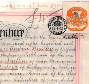 GB IRELAND *FOUR POUNDS* REVENUE Stamp £4- Dublin 1892 Indenture Document AF149 - Picture 1 of 6
