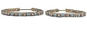 Signed Sterling 925 Gold Vermeil Blue White CZ Eternity Big Hoop Earrings 1.25'' - Picture 1 of 12