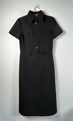 Vintage Barneys Newyork Women Shift Dress Medium Black Short Sleeve Belted Midi - Image 1 of 4