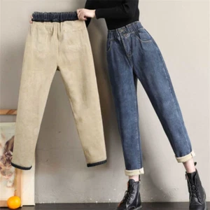 Women Jeans Pencil Denim Pants Fleece Lined Thermal Elastic Waist Warm Winter - Picture 1 of 15
