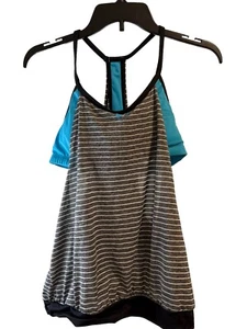 NIKE Women’s Lg Layered Tankini Racerback Top Blue With Grey & White Stripes - Picture 1 of 4