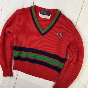 Vintage Izod Lacoste Knit Sweater Tennis V-Neck 80s Red Acrylic Kids Sz 6 Rare - Picture 1 of 6