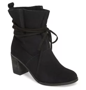 NEW TOMS Womens Mila Wraparound tie Slip On Black Suede Bootie Heel Size 8.5/39 - Picture 1 of 12