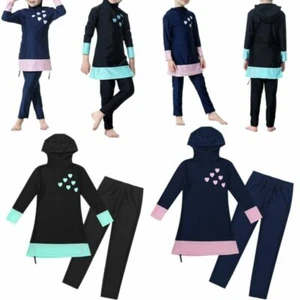 Kids Girls Islamic Muslim Swimwear Modest Burkini Full Cover Two Pieces Swimsuit - Picture 1 of 20