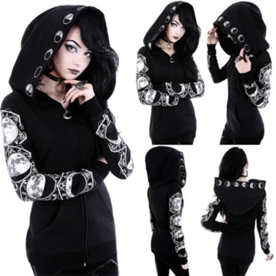 Womens Black Punk Hoodie Jacket Gothic Hooded Cosplay Coat With Outwear Tops - Image 1 of 4