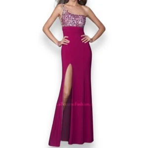 La Femme Dress 19808 One Shoulder Iridescent Stone Bodice Side Slit Magenta 2 - Picture 1 of 16