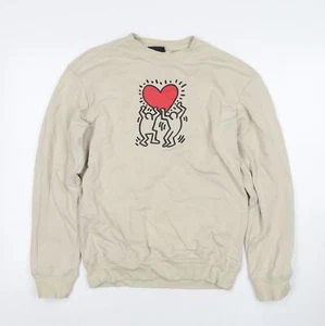 H&M Womens Beige Cotton Pullover Sweatshirt Size XS Pullover - Hearts - Picture 1 of 10