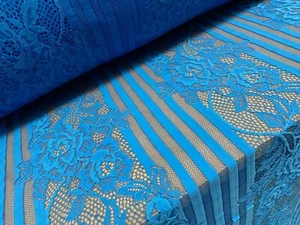 Mesh Lace Net Fabric, Per Metre - Embroidered Floral Stripe - Turquoise Blue - Picture 1 of 4