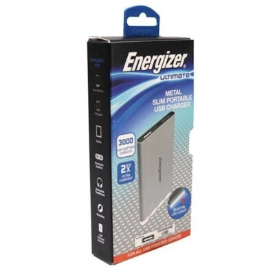Cargador USB portátil delgado de metal Energizer Ultimate 3000 mAh con luz LED - NUEVO Foto 1 de 4