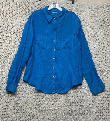 Lilly Pulitzer 100% льняная рубашка блузка женщин M синий кнопка вверх рулон вкладка курорт - Изображение 1 из 4