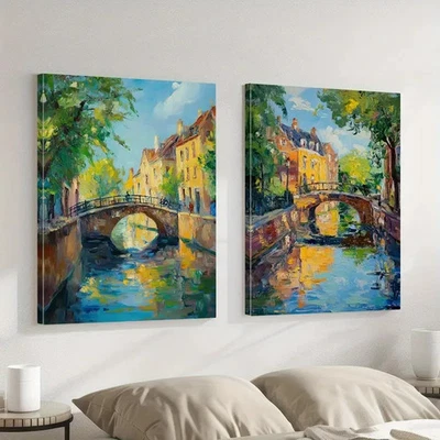 2pcs Serene Atmosphere Cityscape Bridge Reflection Wall Art Canvas Unframed - Image 1 of 4