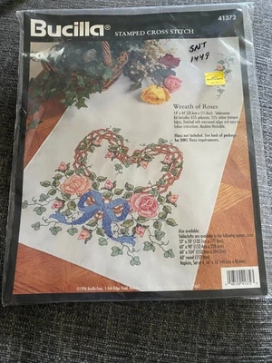 Vintage Bucilla Stamped Cross Stitch Kit 41372 Wreath Of Roses Table Runner - Image 1 of 3