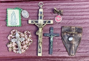 Lot Antique Catholic Cross Skull Crossbones, Rosary, Medals, Crucifix w/Case - Picture 1 of 15