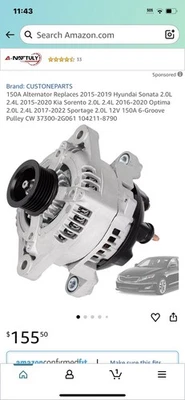 Alternator For Hyundai Sonata 2015-19 Santa Fe 2019-20 Kia Optima 2016-20 L4 2L - Image 1 of 4