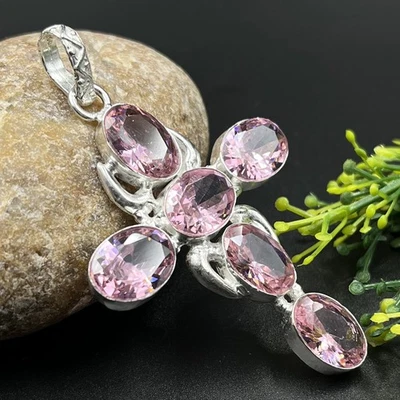 Colgante Cruz Plata de Ley 925 Topacio Rosa Piedras Preciosas Hecho a Mano Joyería Hecho a Mano Foto 1 de 4