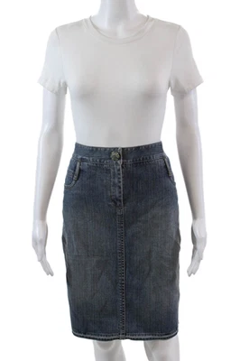 Falda lápiz informal corta con cremallera de mezclilla de algodón azul talla 8 de Elie Tahari para mujer Foto 1 de 4