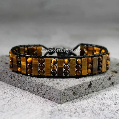 Pulseira ajustável trançada contas de pedra proteção olho de tigre genuína presente masculino - Imagem 1 de 4