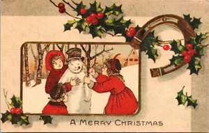 Frohe Weihnachten Schneemann & Kinder Postkarte Repo - Bild 1 von 2