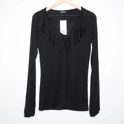 Blusa larga alta Sally LTS para mujer talla 8 negra con volantes cuello en V manga larga transparente Foto 1 de 4