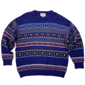 Vintage Setball Mens L Sweater Blue Nordic Fair Isle Crew Neck Lambs Wool Italy - Picture 1 of 12