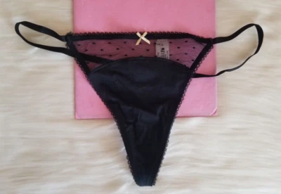 VICTORIA'S SECRET DOT MESH STRETCH COTTON V-STRING THONG PANTY BLACK LARGE NWT - Image 1 of 4
