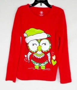 J. Khaki T- Shirt Kids Girls Sz Medium Red Long Sleeve Glitter Owl Christmas EUC - Picture 1 of 12