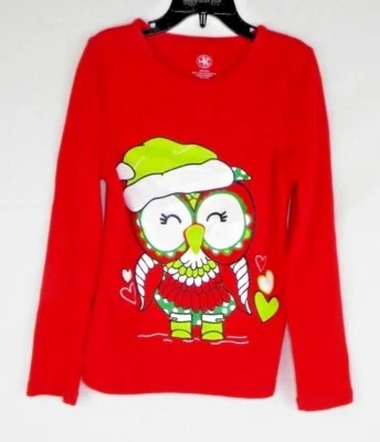 Camiseta J. Caqui Niños Niñas Talla Mediana Roja Manga Larga Brillo Búho Navidad Usada en Excelente Condición Foto 1 de 4