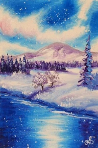 Winter Schneefall Landschaft See Berge blau violette Töne Urlaub Dekor Kunstwerk - Bild 1 von 24