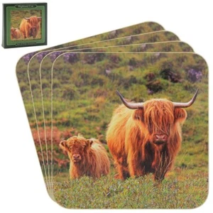 Country Highland Cow & Calf Cup Coasters Set of 4 Cork Back Heat Resistant Brown - Picture 1 of 2