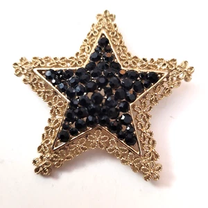 VTG Signed KARU Arke Black Rhinestone 5 Point Lacy Star Brooch Pin Pendant - Picture 1 of 15