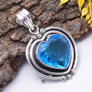 Extraordinary Swiss Blue Topaz Gemstone 925 Sterling Silver Handmade Pendant 2" - Picture 1 of 3