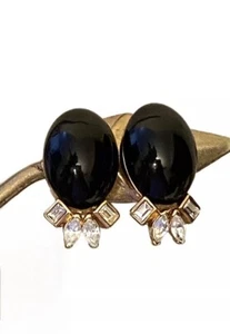 Vintage Nina Ricci Haute Couture Clip Earrings Black Gold Plated Rhinestones - Picture 1 of 7