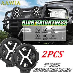 Pair 7" Round LED Pod X shape Offroad Driving White DRL Flood Spot SUV ATV Kit - Picture 1 of 12
