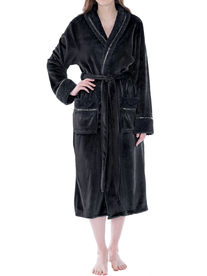 Womens Fleece Robe with Waffle Trim Plush Soft Warm Long Spa Night Bathrobe Lady - Image 1 of 1