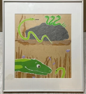 ORIGINAL Holly Meade 'SMALL GREEN SNAKE' Children's Book COLLAGE Illustration - Image 1 of 4