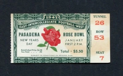 Boleto del juego Rose Bowl 1947 Illinois Fighting Illini UCLA Bruins Pasadena Foto 1 de 2