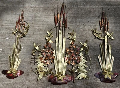 Vintage Nelson Signed Metal Cattails Birds  Wall Sculpture Art Copper Brass MCM - Image 1 of 4