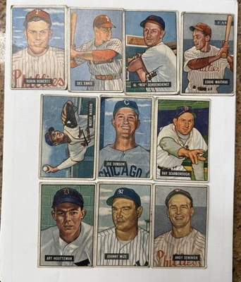 (10) Lote de tarjetas de béisbol 1951 Bowman Robin Roberts Johnny Mize Foto 1 de 2