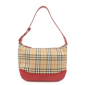 Auth BURBERRY Canvas Leather Nova Plaid Shoulder Bag Hand Bag Beige Red Used F/S - Picture 1 of 24