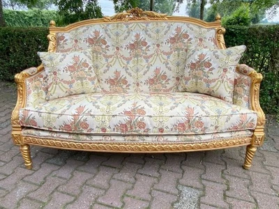 Sofá Sofá Sofá Francés Luis XVI Antiguo Marco Hoja de Oro Vintage Floral Damasco Foto 1 de 4