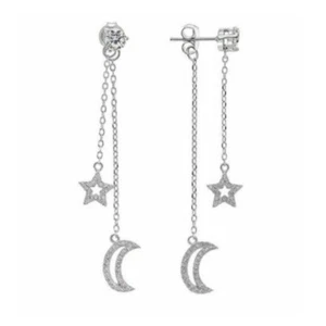 925 Sterling Silver Pave CZ Star & Moon Drop Dangle Solitaire CZ Stud Earrings - Picture 1 of 7