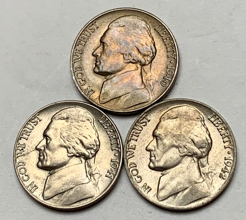 (3) Jefferson Nickels 1940D(Toned)/1941P/1942P ***VF/EF*** Cover